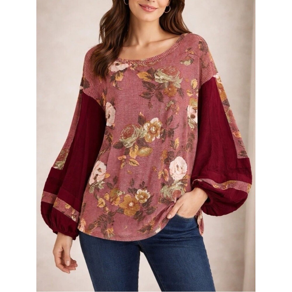 Free People Flower Patch Balloon Sleeve Waffle Knit Shirt